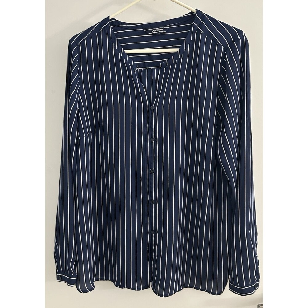 Lands End Blue White Striped Button Down Long Sleeve V Neck Career Blouse Top 12
